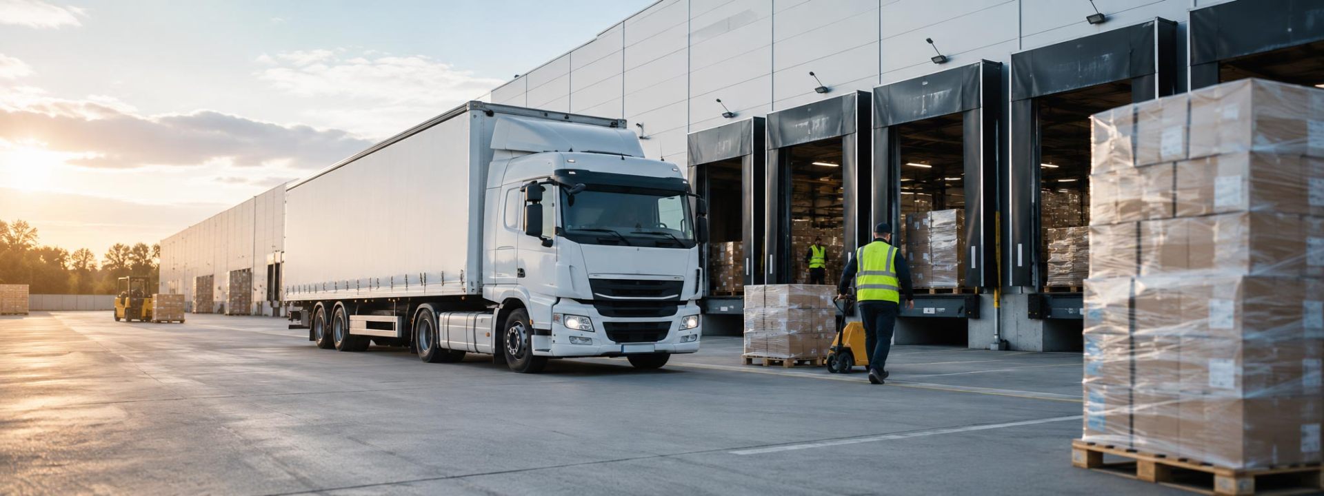 Box truck docked at a wholesale distribution warehouse at sunrise