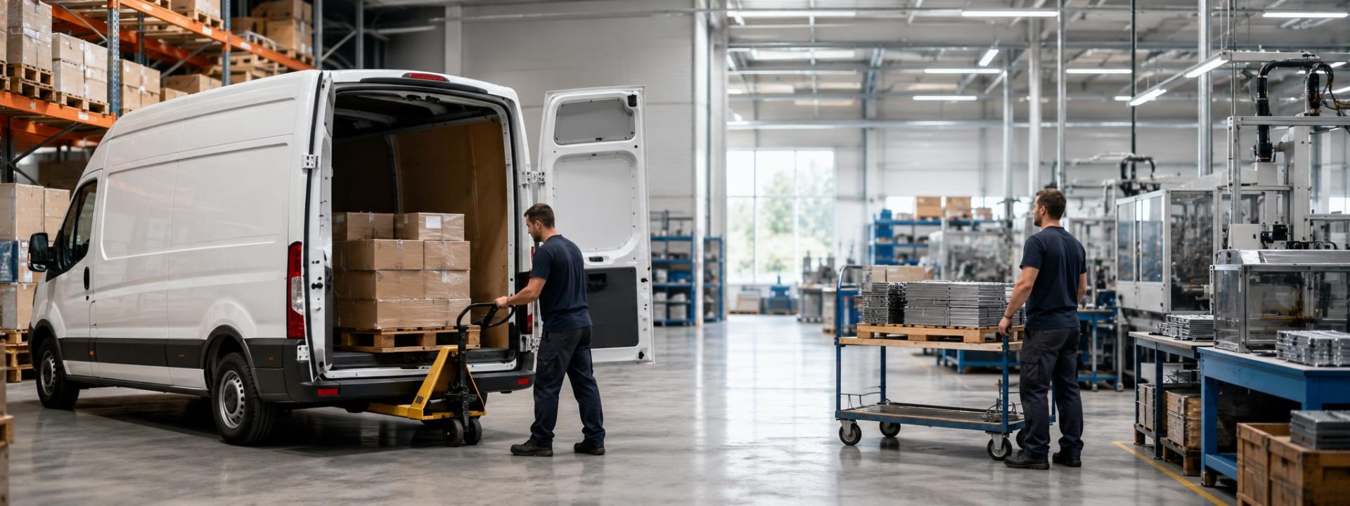 Warehouse team loading a cargo van inside a manufacturing facility