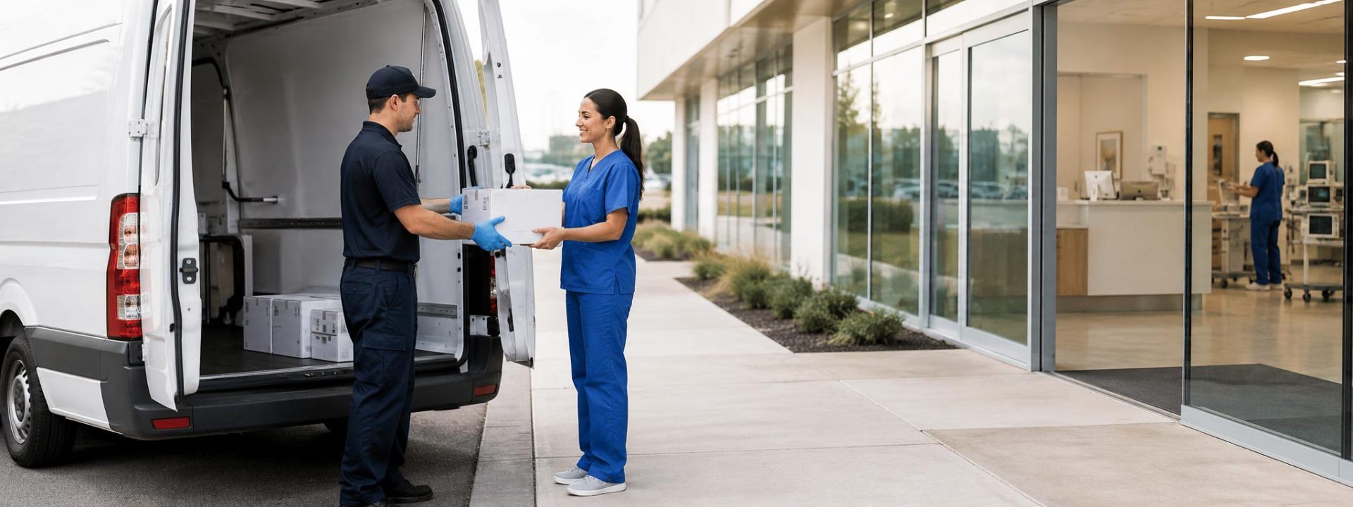 Driver handing a sealed package to a nurse outside a medical facility