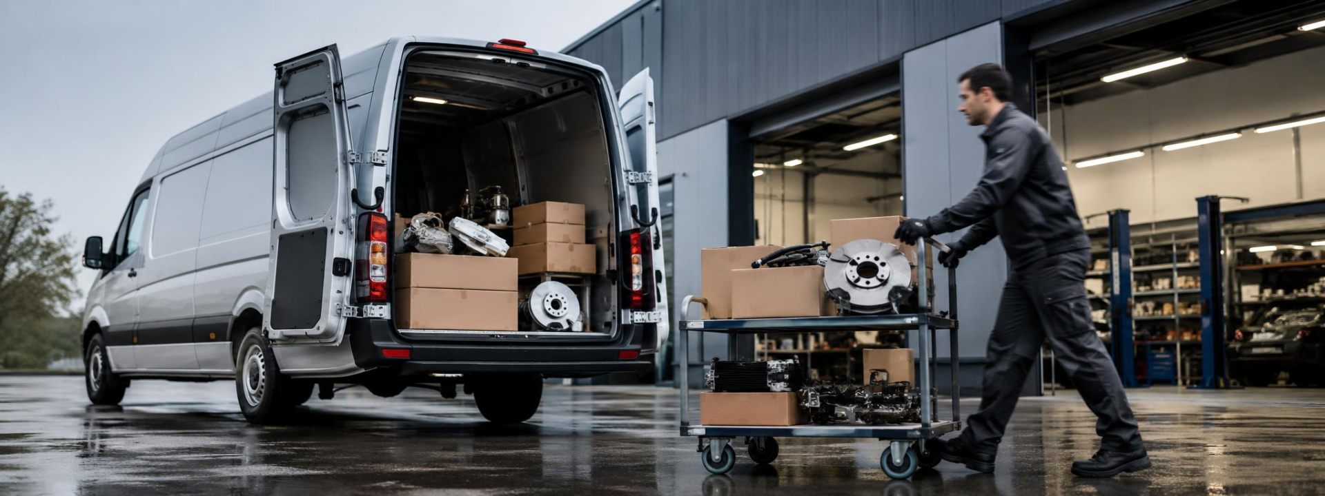 Auto parts loaded into a Sprinter van outside a service garage