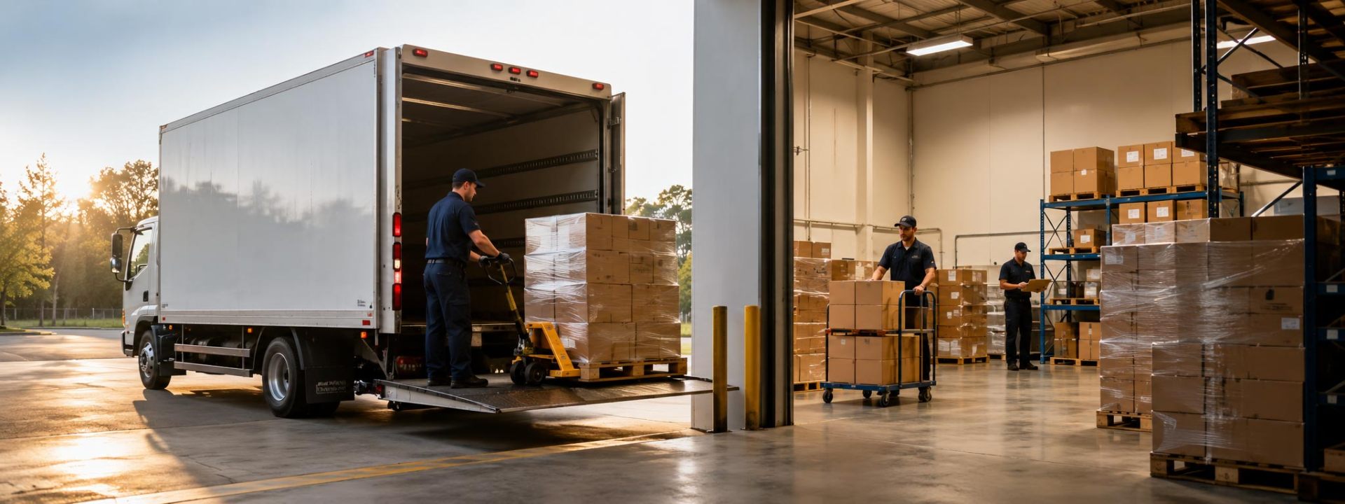 Workers loading wrapped pallets onto a box truck at a retail warehouse