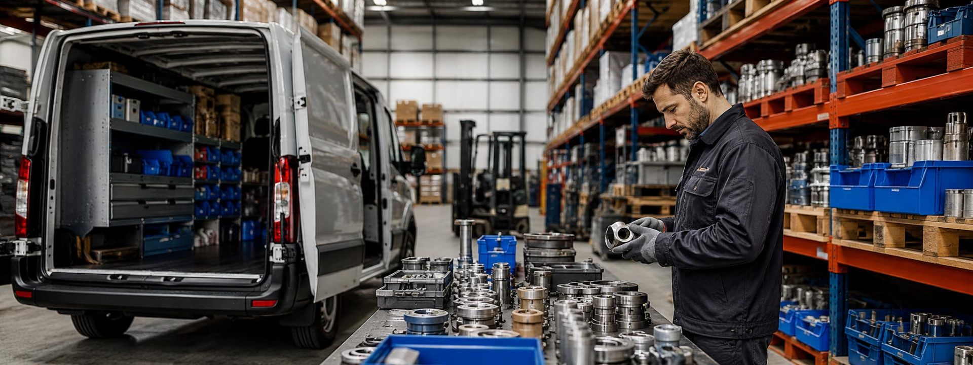 Industrial supplier worker inspecting parts beside a stocked delivery van