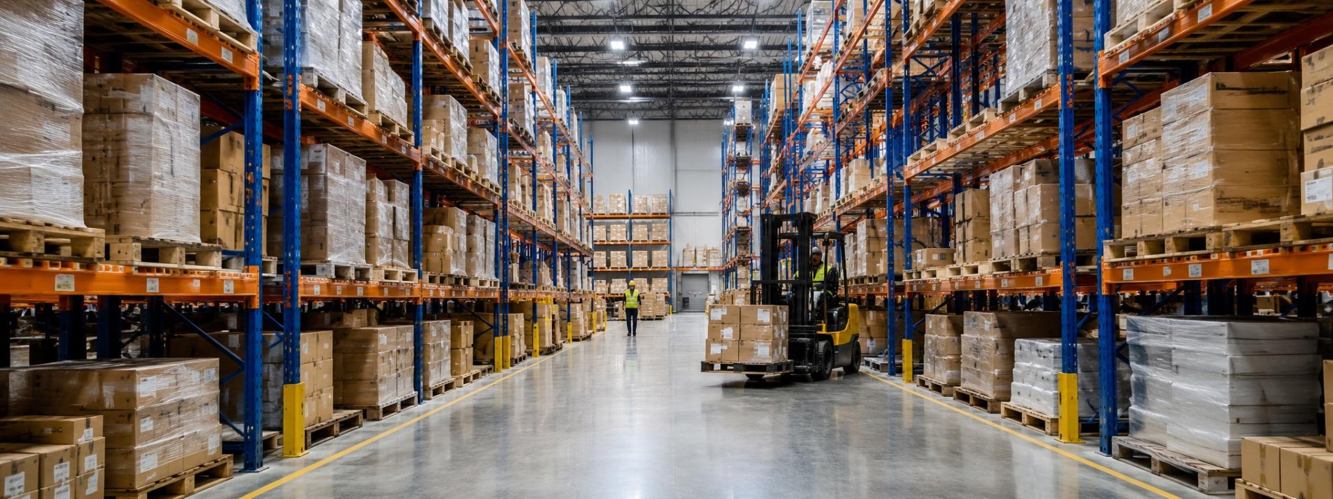 Forklift moving pallets down the aisle of a high-bay distribution warehouse