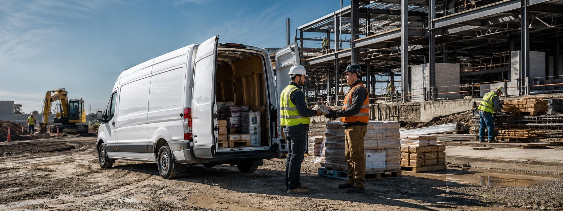 Delivery van dropping building materials at an active construction site
